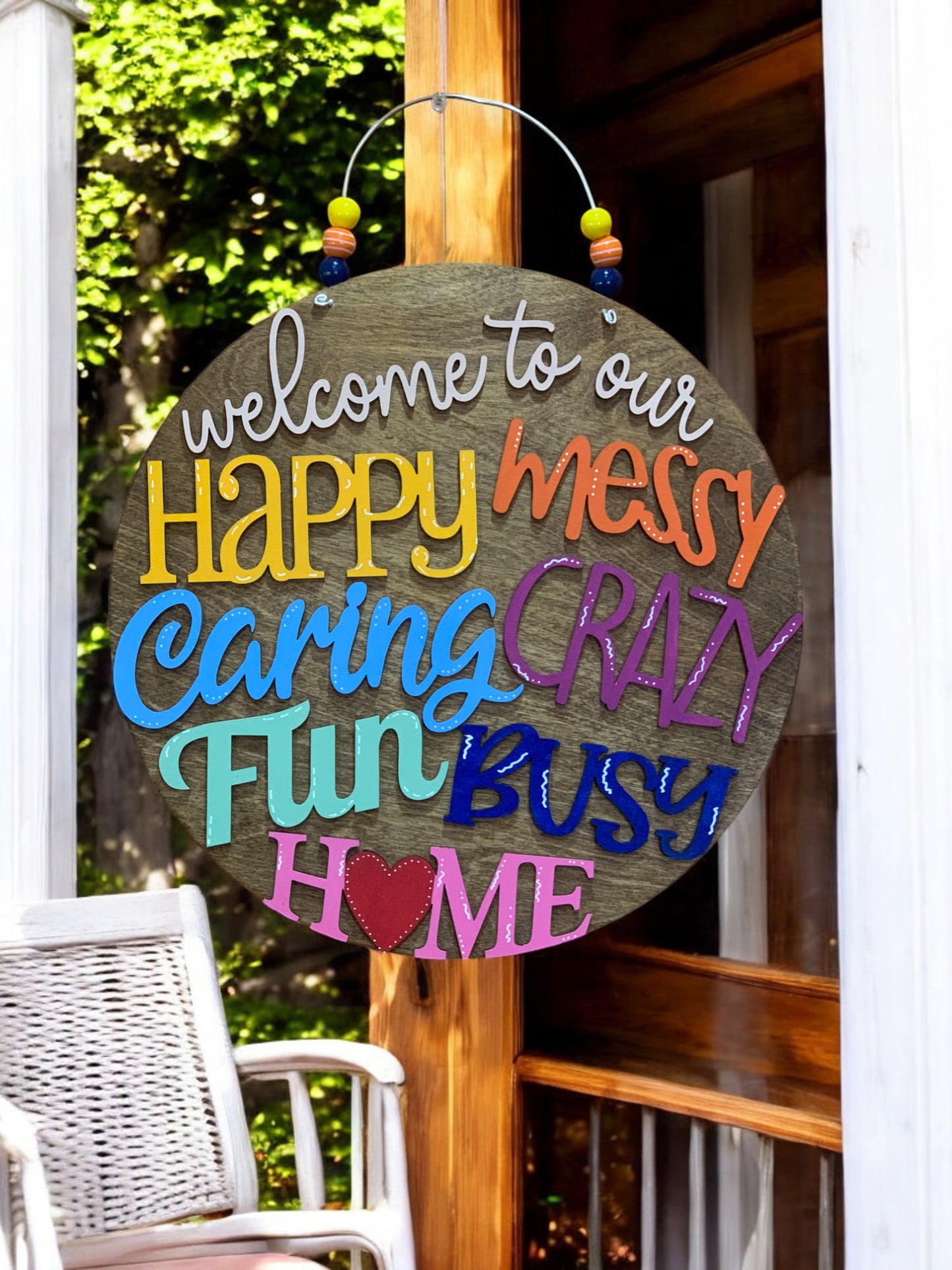 Welcome to Our Happy Messy Crazy Home – Handmade 3D Wooden Family Door Sign