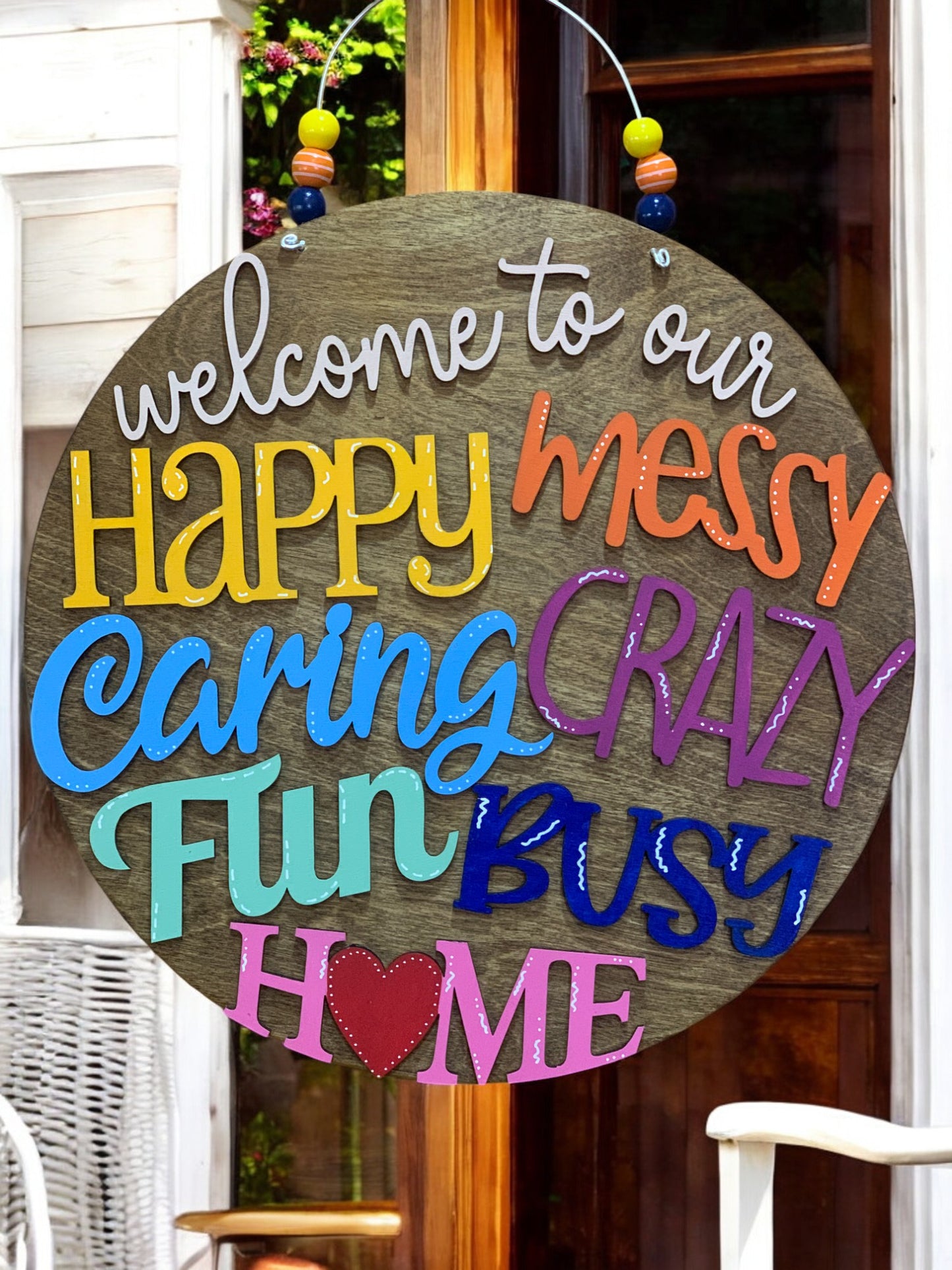 Welcome to Our Happy Messy Crazy Home – Handmade 3D Wooden Family Door Sign