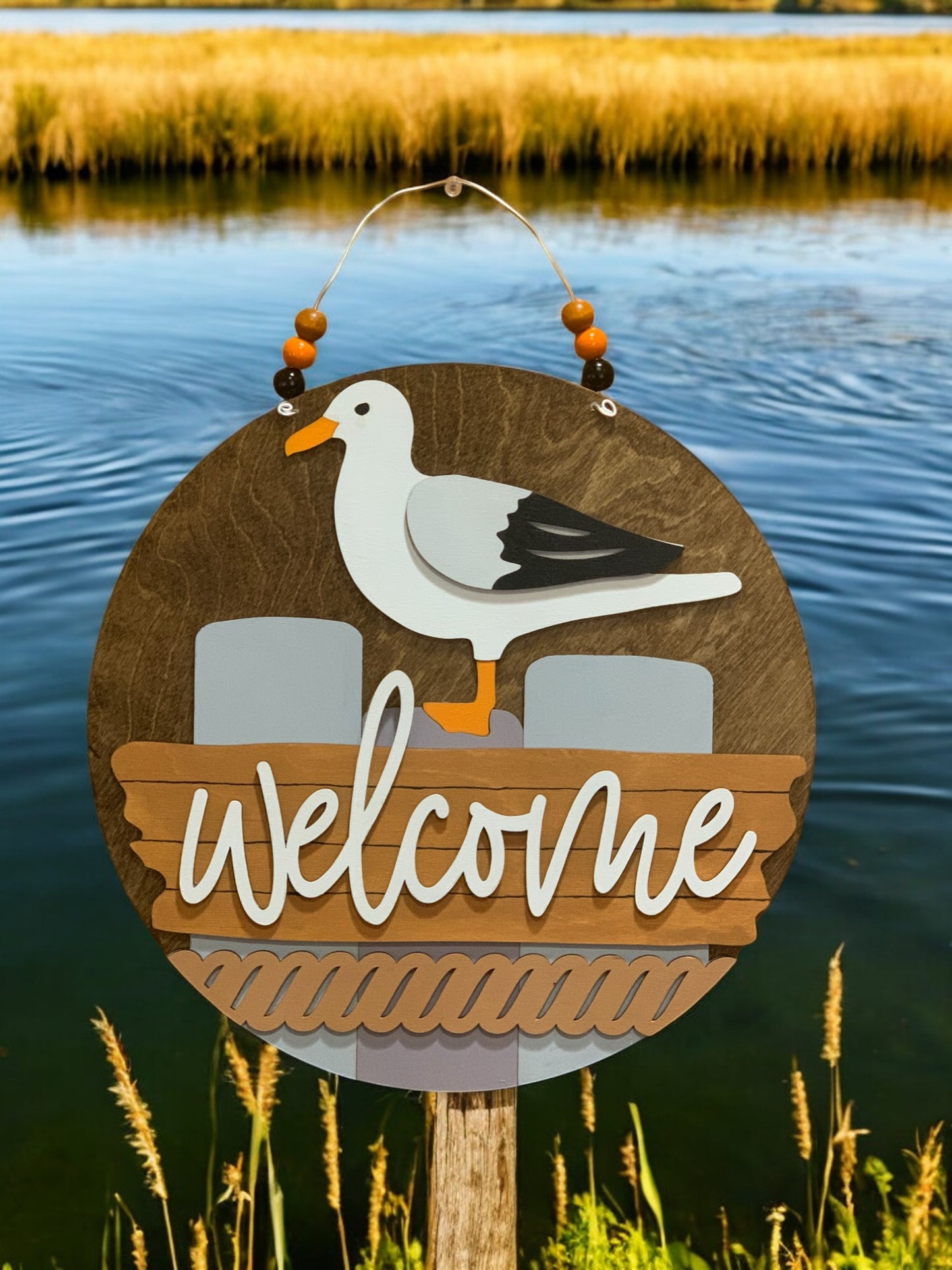 Coastal Welcome Sign – Handmade 3D Wooden Nautical Door Hanger with Seagull Beach Lake Decor