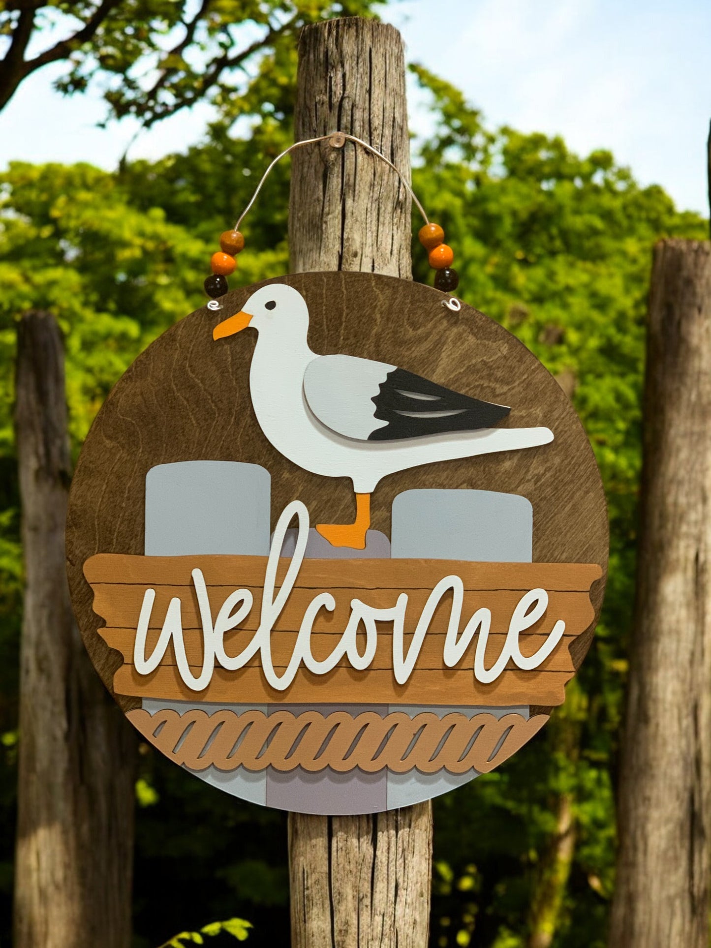 Coastal Welcome Sign – Handmade 3D Wooden Nautical Door Hanger with Seagull Beach Lake Decor