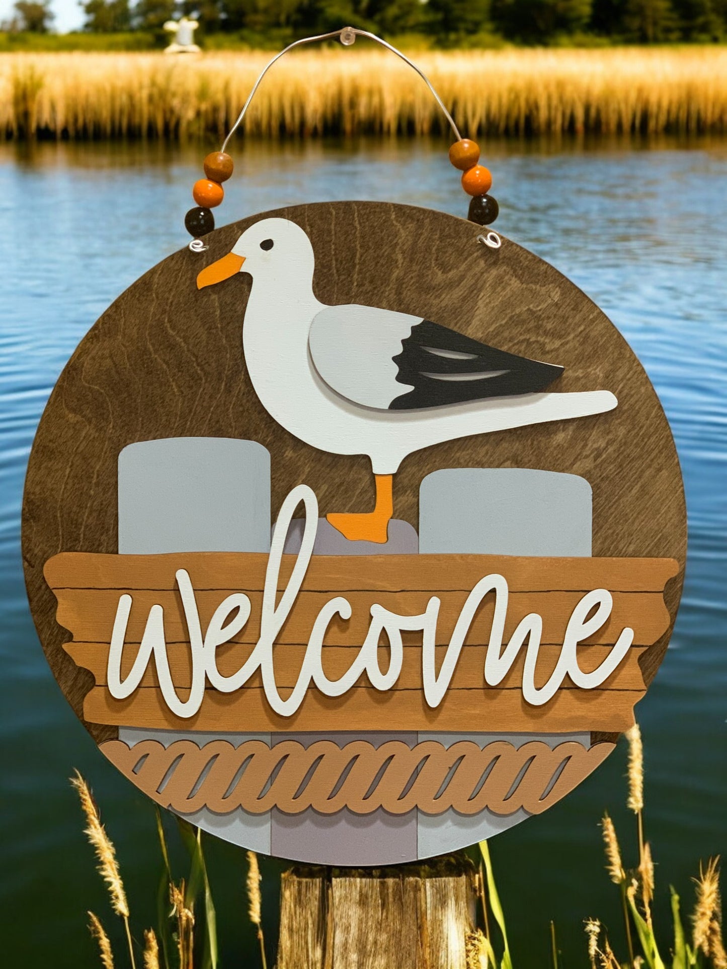 Coastal Welcome Sign – Handmade 3D Wooden Nautical Door Hanger with Seagull Beach Lake Decor