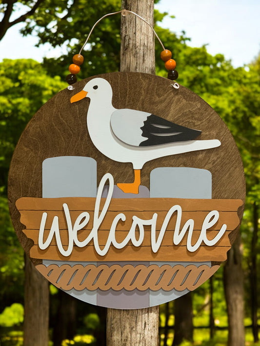 Coastal Welcome Sign – Handmade 3D Wooden Nautical Door Hanger with Seagull Beach Lake Decor