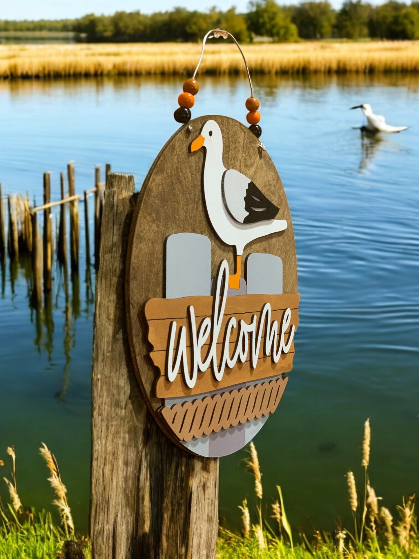 Coastal Welcome Sign – Handmade 3D Wooden Nautical Door Hanger with Seagull Beach Lake Decor