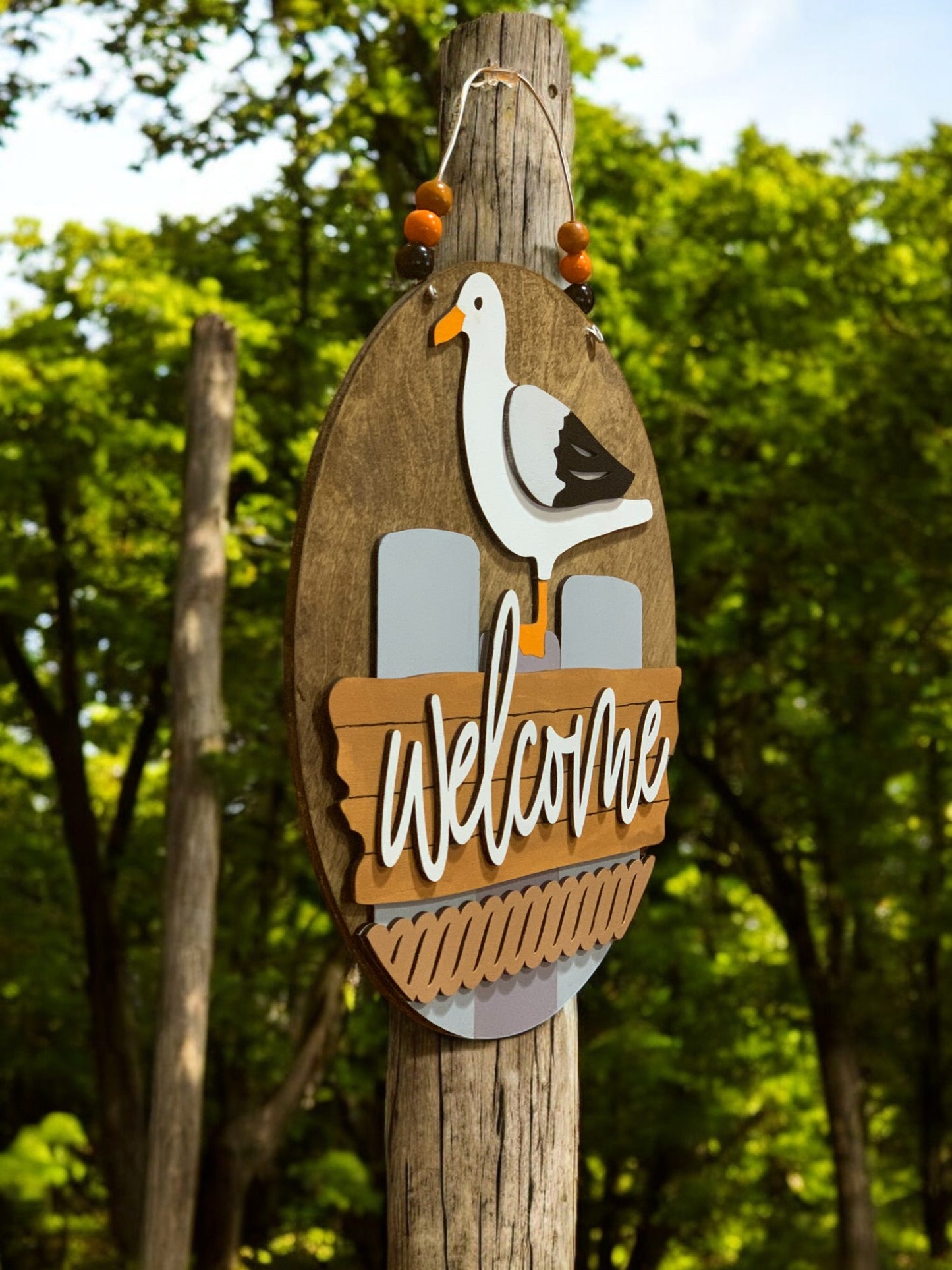 Coastal Welcome Sign – Handmade 3D Wooden Nautical Door Hanger with Seagull Beach Lake Decor