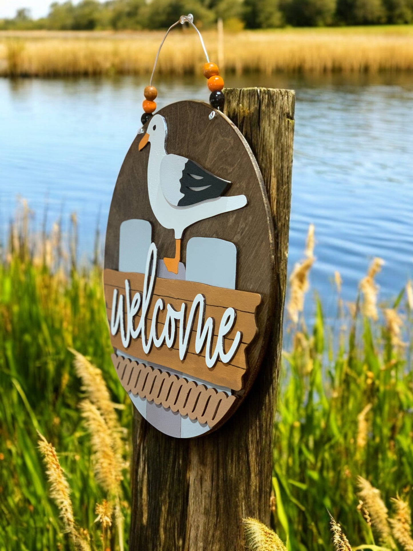 Coastal Welcome Sign – Handmade 3D Wooden Nautical Door Hanger with Seagull Beach Lake Decor