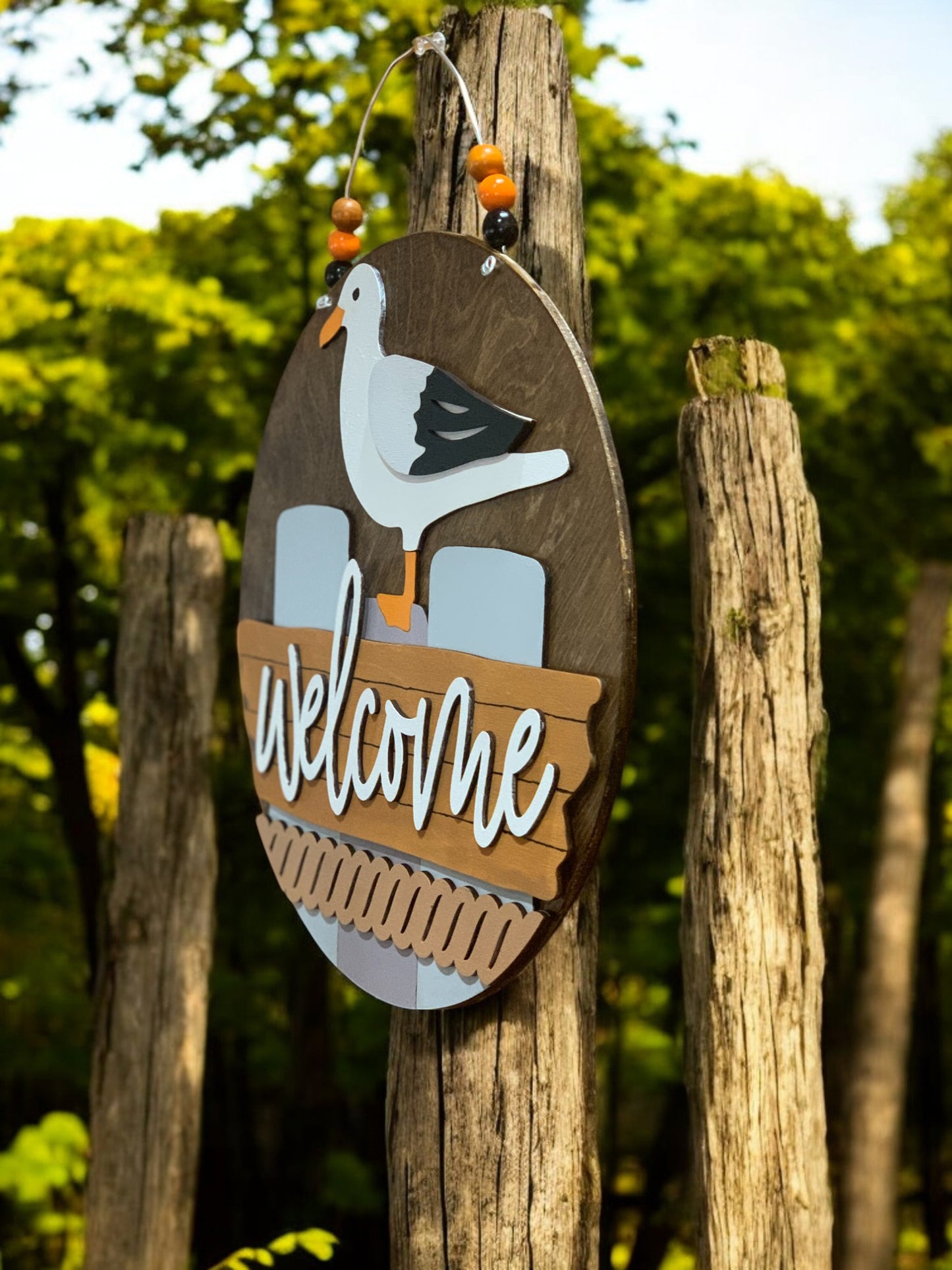 Coastal Welcome Sign – Handmade 3D Wooden Nautical Door Hanger with Seagull Beach Lake Decor
