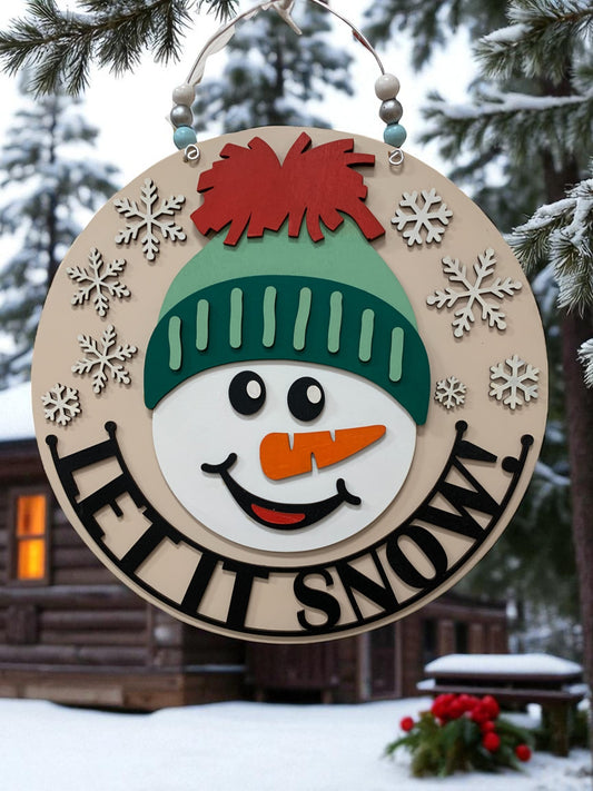 Let It Snow Snowman Sign – Handmade Winter Door Hanger with Snowflakes and Beanie
