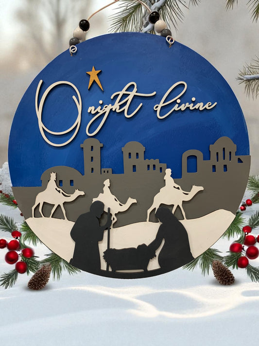 O Night Divine Nativity Scene Sign – Christian Christmas Wall Decor – Handmade Layered Wood Holiday Sign