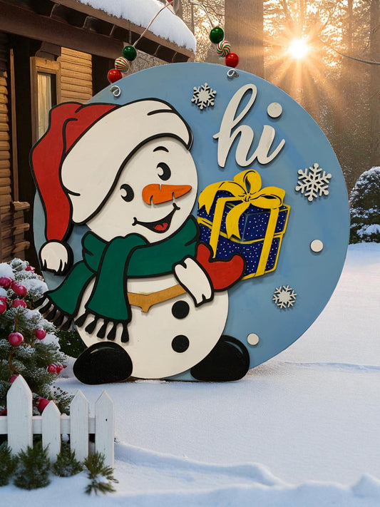 Handmade Snowman Welcome Sign – Festive Christmas Door Decor with Gift and Snowflakes
