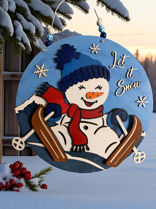 Let It Snow Skiing Snowman Sign – Handmade Winter Door &amp; Wall Decor