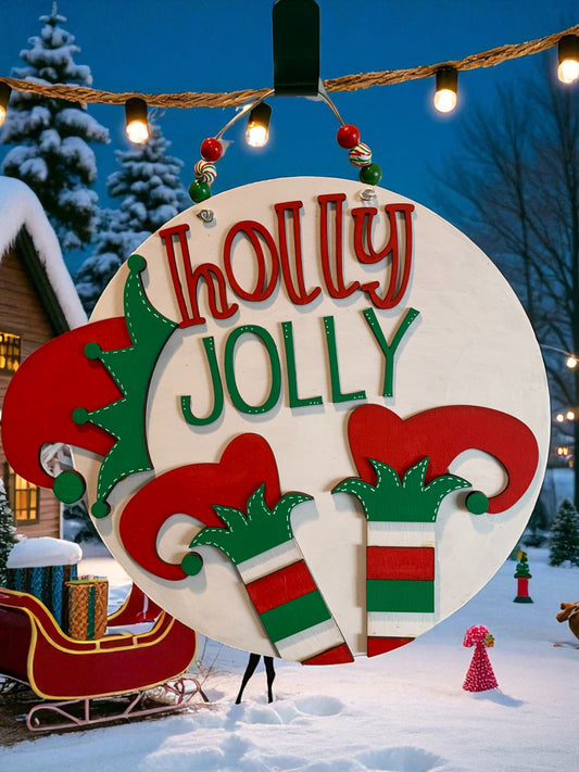 Holly Jolly Elf Door Sign – Handmade Christmas Elf Decor with Hats and Striped Legs