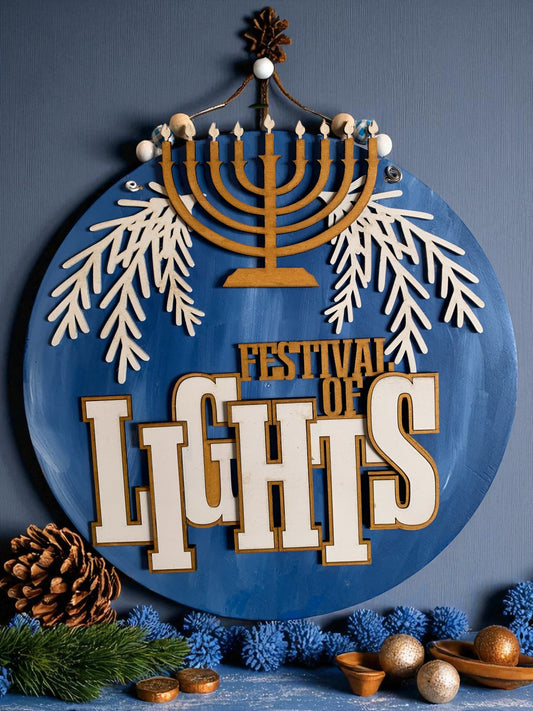 Hanukkah Festival of Lights Sign – Handmade Wooden Menorah Wall Decor – Rustic Blue Holiday Door Hanger