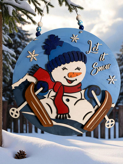 Let It Snow Skiing Snowman Sign – Handmade Winter Door &amp; Wall Decor