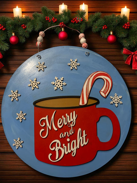 Merry and Bright Hot Cocoa Christmas Sign – Rustic Wooden Holiday Door Hanger, Handcrafted Winter Wall Decor