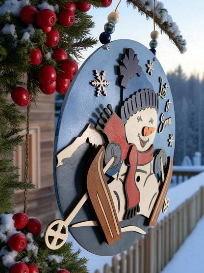 Let It Snow Skiing Snowman Sign – Handmade Winter Door &amp; Wall Decor